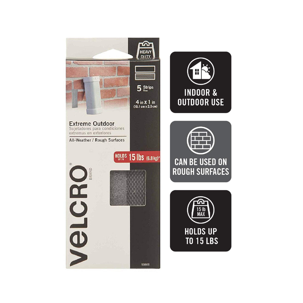 Industrial Fasteners Extreme Outdoor Weather Conditions Professional Grade Heavy Duty Strength Holds up to 15 lbs on Rough Surfaces by VELCRO Brand – Model 90800