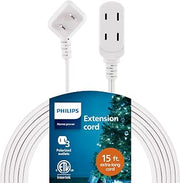 PHILIPS Extension Cord 3-Outlet 15 Ft | Flat Plug | Safety Slide | White | Pack of 12