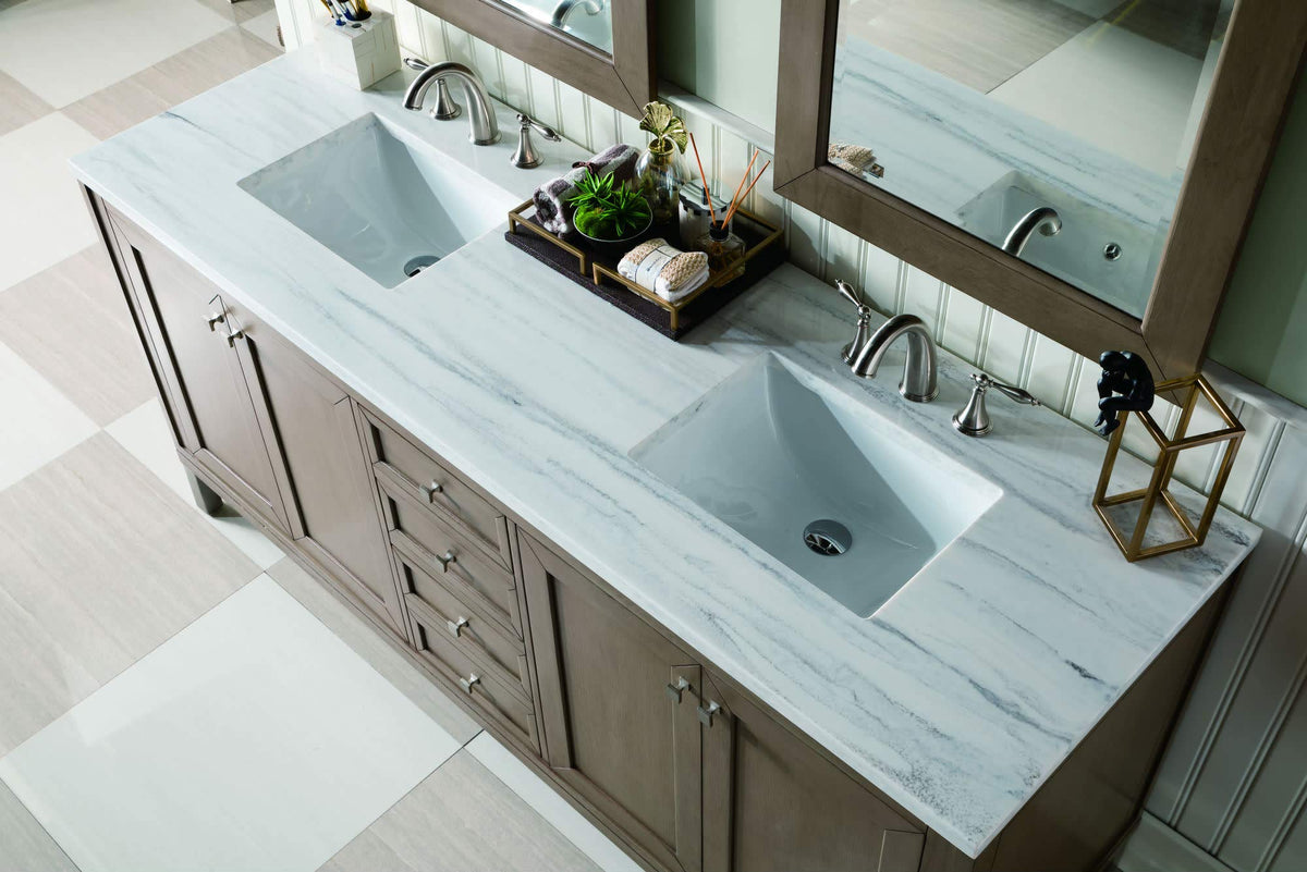 305-V72-3AF Chicago 72" Free Standing or Wall Mounted Double Basin Poplar Wood Vanity Set with 3 cm Arctic Fall Solid Surface Vanity Top and Rectangular Sinks - Whitewashed by