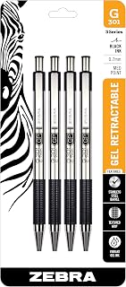 Zebra Pen STEEL G-301 Retractable Gel Pen, Black Ink, 0.7mm, 4-Pack