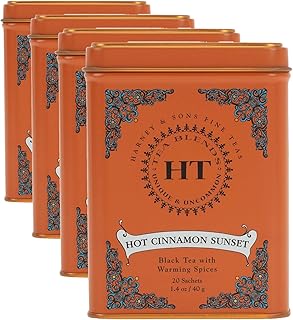Harney & Sons Black Tea, 20 Sachets, Pack of 4 | Hot Cinnamon Sunset | Caffeinated | Orange and Cloves | Tin Packaging