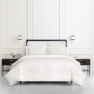 Cotton Ruffle King Comforter Set, Cotton Linen-Like Reversible Cover, All Season 3 Piece Bedding Set, Machine Washable, White and Glacier Gray