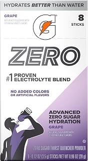 Gatorade Zero Sugar Powder Sticks, Grape, Makes 20 fl oz, (8 Pack), Electrolyte Powder Drink Mix for Hydration, Zero Sugar