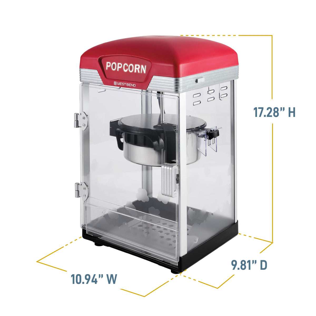 Theater Crazy Popcorn Machine by West Bend – 4-Qt., 4.0 liters, Polycarbonate (PC), Red, Model PCWBTCRD13