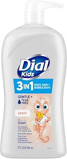 Dial Kids Body+Hair Wash, Melon, 32 fl oz & 3-in-1 Body+Hair+Bubble Bath, Peach, 32 fl oz Bundle