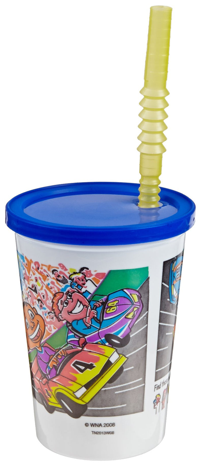 WNA Kids' Cups 12oz Plastic Cups with Lid and Flex Straw, Bulk Case of 250 Sets, Race Car Design, Disposable, Reuseable, Thermoformed, Minimize Spills, Made in the USA