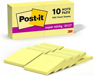 Post-it Super Sticky Notes, 3x3 in, 10 Pads, 2X The Sticking Power, Canary Yellow, Recyclable (654-10SSCY) (Pack of 12, 120 Count Total)