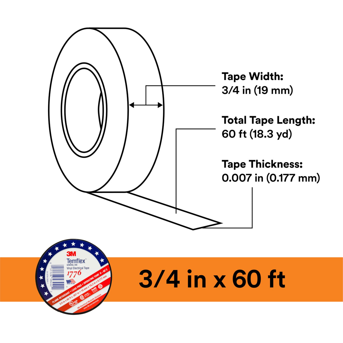 3M 3/4 in x 60 ft / Black / Industrial Electrical Tape