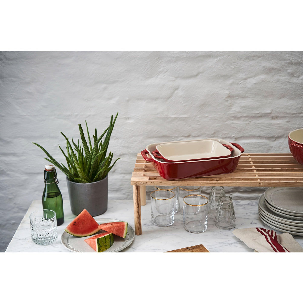 Ceramic Rectangular Baking Dish Set by STAUB – 2-pc, 1.905 liters, Ceramic, Cherry, Pack of 2