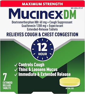 Mucinex DM 12Hr Maximum Strength Chest Congestion & Cough Medicine For Adults, Cold And Cough Medicine for Excess Mucus Relief, 1200 mg Guaifenesin & 60 mg Dextromethorphan HBr, 7 Bi-Layer Tablets