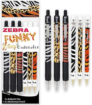Zebra Pen Funky Z-Grip Retractable Ballpoint Pens + Cadoozle Mechanical Pencils - Zebra, Tiger + Cheetah Animal Print - In Zebra Packaging - Pack of 3 + 3