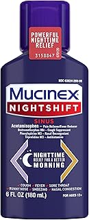 Mucinex Nightshift Sinus, Cold and Flu Cough Medicine for Adults, Powerful Nighttime Sinus Medicine for Sinus Relief, Sore Throat Relief, Cough Suppressant & Nasal Decongestant for Adults, 6 Fl Oz