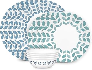 Corelle Vitrelle Glass Dinnerware Set, Chip & Crack Resistant Triple Layer Glass, 12-PC Dinnerware Set, Northern Pines
