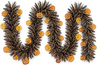 PMU Halloween Tinsel Garland Jack-O-Lantern 9 Ft,Metallic Shiny Black/Orange Halloween Party Decoration
