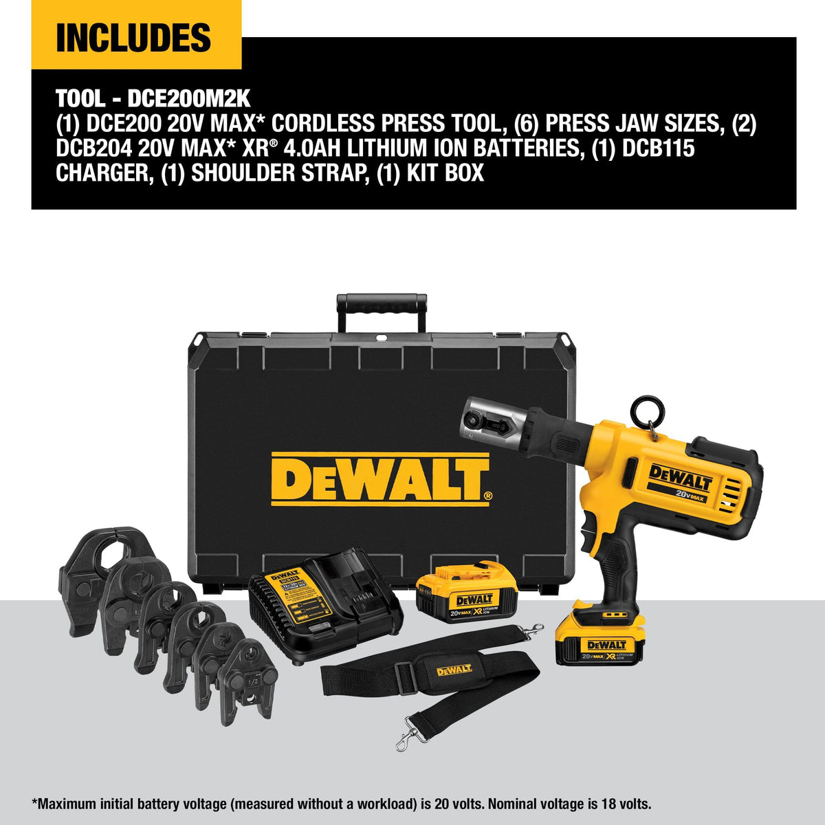 20V MAX Cordless Plumbing Pipe Press Tool Kit with Crimping Heads by DEWALT – One Size, Blend, Multi, Model DCE200M2K