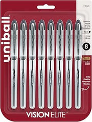 Uni-Ball Vision™ Elite™ Liquid Ink Rollerball Pens, Bold Point, 0.8 mm, Silver Barrel, Black Ink, Pack Of 8