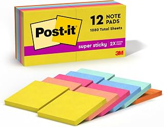 Post-it Super Sticky Notes, 12 Sticky Note Pads, 3 x 3 in., School Supplies, Office Products, for Vertical Surfaces, Monitors, Walls and Windows, Summer Joy Collection (Pack of 12)