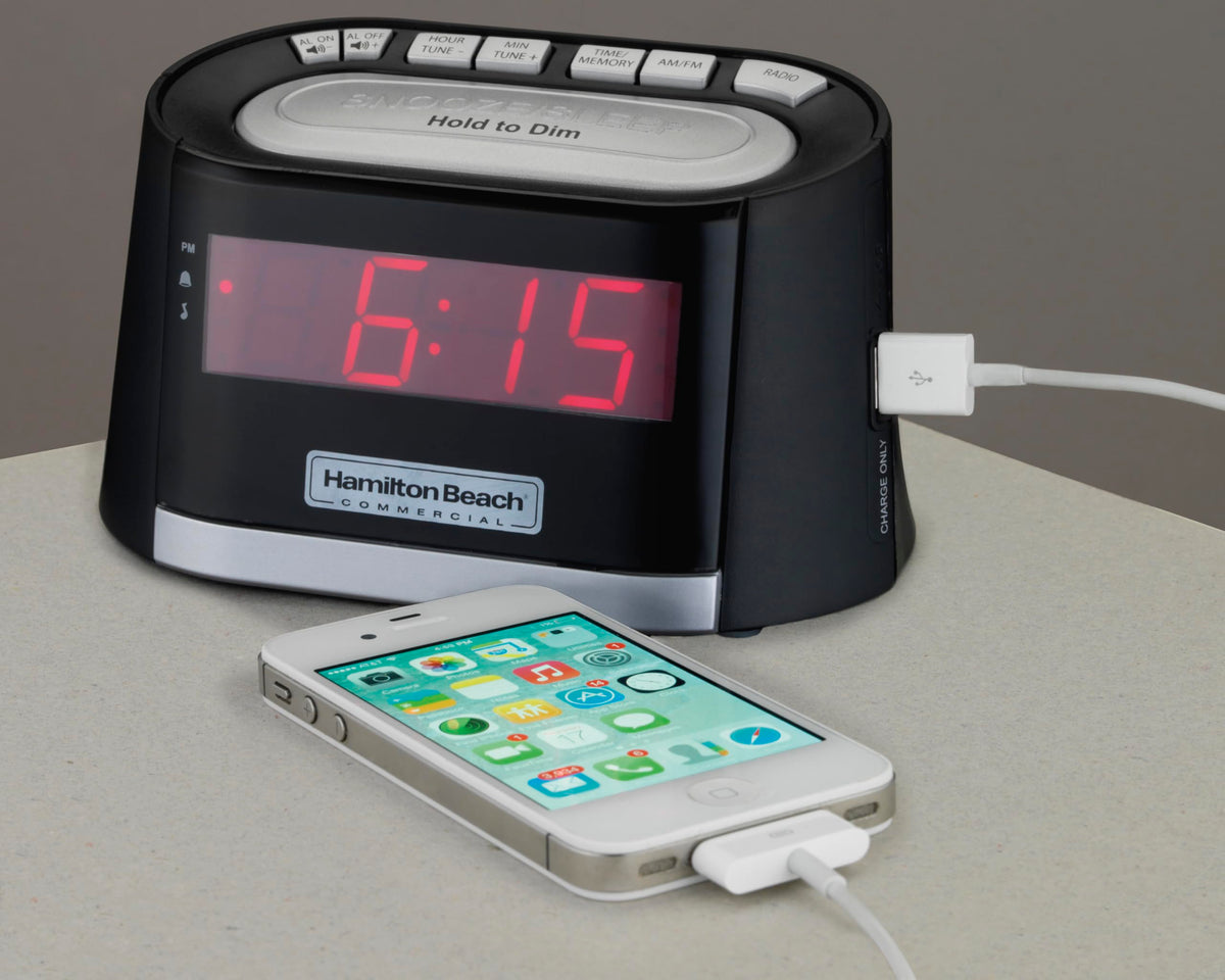 Hospitality Clock Radio Alarm Clock with USB Phone Charging Port by Hamilton Beach Commercial – Small, Plastic, Black, Model HCR410