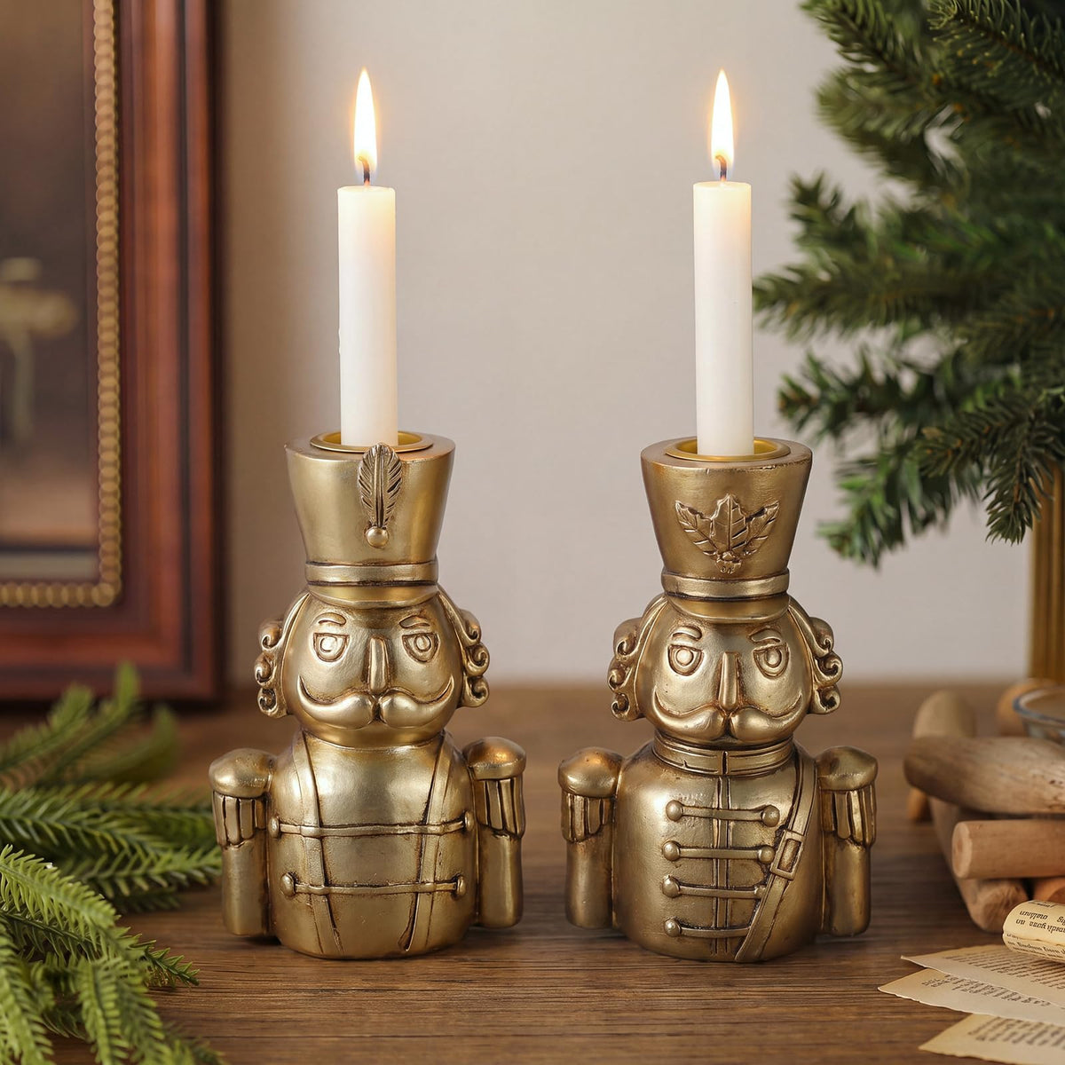 Yungyan Nutcracker Taper Candle Holders, Vintage Gold, Set of 2