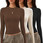Women's 3 Packs Long Sleeve Shirts Basic Crewneck Slim Fitted Tops