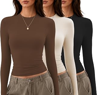 Women's 3 Packs Long Sleeve Shirts Basic Crewneck Slim Fitted Tops