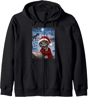 Xmas Dinosaurs Moon Night Starry Themed Emu Bird Christmas Zip Hoodie