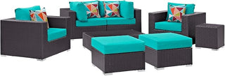 Modway Convene 8-Piece Outdoor Premium Patio Sectional Set in Espresso Turquoise, Synthetic Rattan, All-Weather Cushions