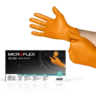 MICROFLEX Mega Texture 93-256 Nitrile Gloves by Ansell – Size 9 (L), Nitrile, Orange, Pack of 100, Model 93256090