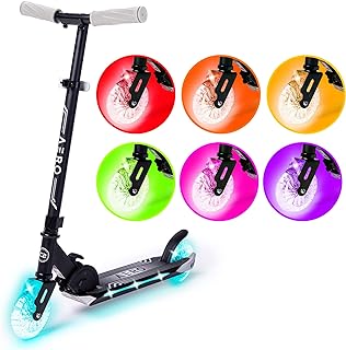 AERO MOBILITY Two-Wheel Kick Scooter for Kids 5-8 with Dynamic RGB Lights | Light Up Wheels | Hand Controlled Brake | Shock Absorption | Foldable & Height Adjustable, 110lbs Max