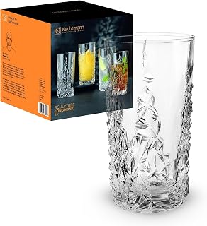 Nachtmann Sculpture collection Long Drink Set of 4, Clear Crystal Glasses for Cocktails or Non- Alcoholic Beverages 14-ounce capacity, dishwasher safe