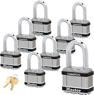Master Lock Magnum Padlocks - 2" W x 1-1/2"L Shackle, Eight (8) Keyed Alike Locks w/16 Keys, M5NKALFSTS-8 w/BumpStop Technology