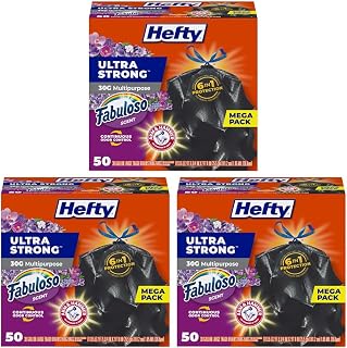 Hefty Ultra Strong 30 Gallon Trash Bags, Large Bags 30 Gallon Size, Multipurpose, Break Resistant Drawstring Closure, Resists Leaks, Punctures, Tears, Black, Fabuloso Scent, 50 Bags (Pack of 3)