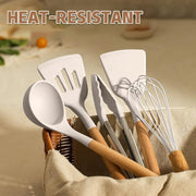 Umite Chef Silicone Utensil Set, 33 Piece with Wooden Handles, Khaki