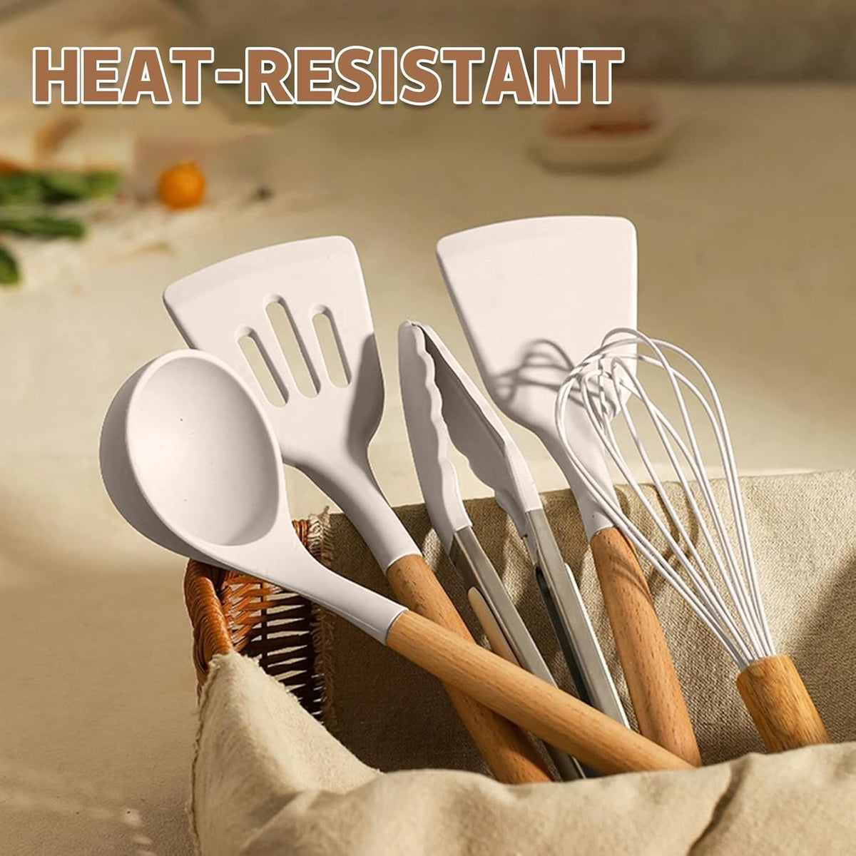 Umite Chef Silicone Utensil Set, 33 Piece with Wooden Handles, Khaki
