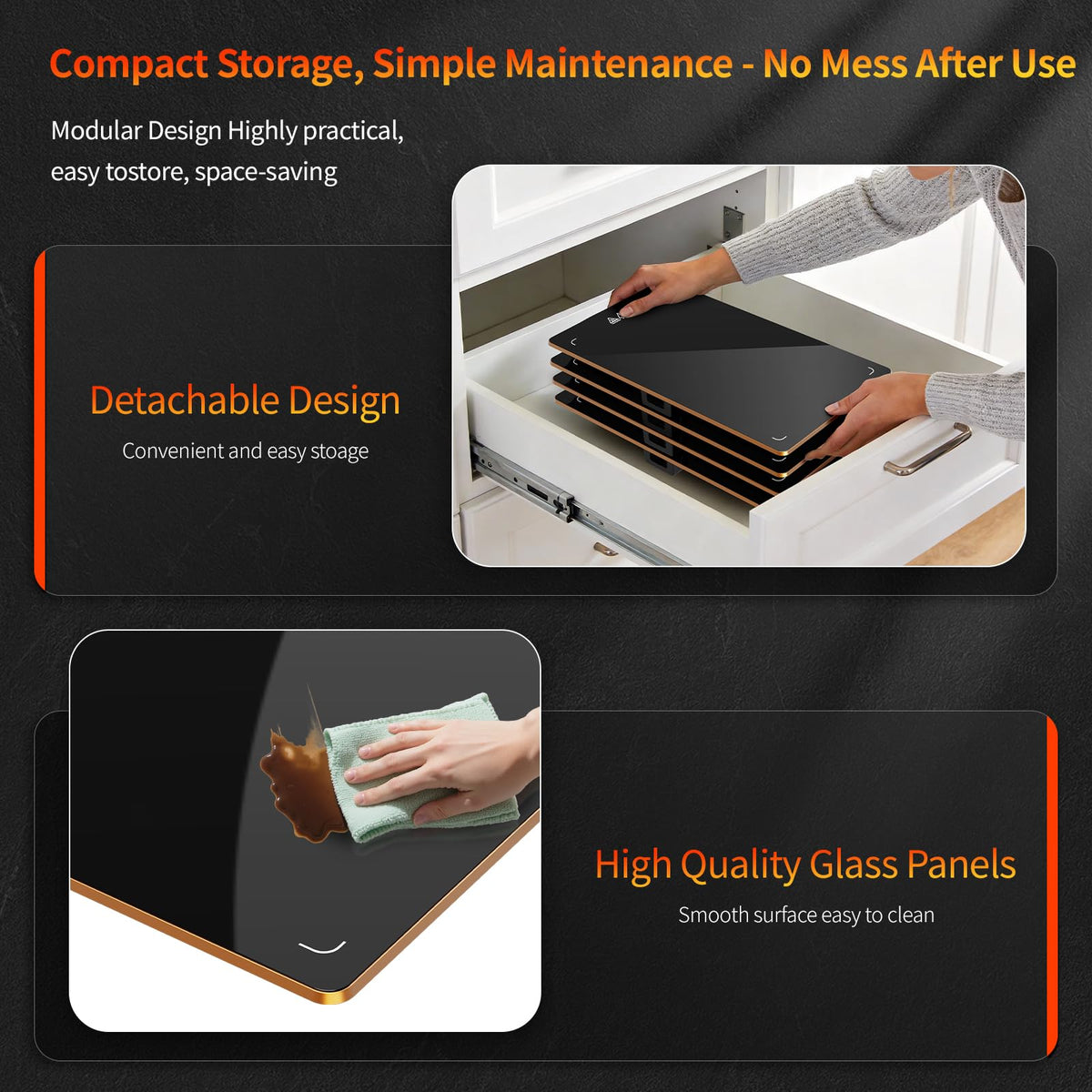 Hetorosu Modular Warming Tray, 33x15 Inch, Black Tempered Glass