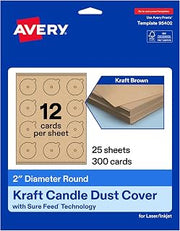 Avery Printable Round Candle Dust Covers, 2" Diameter, Matte Kraft Brown, Sure Feed Technology, Print-To-The-Edge Capability, Laser/Inkjet Compatible, 300 Total, Ideal for Packaging, and Displays