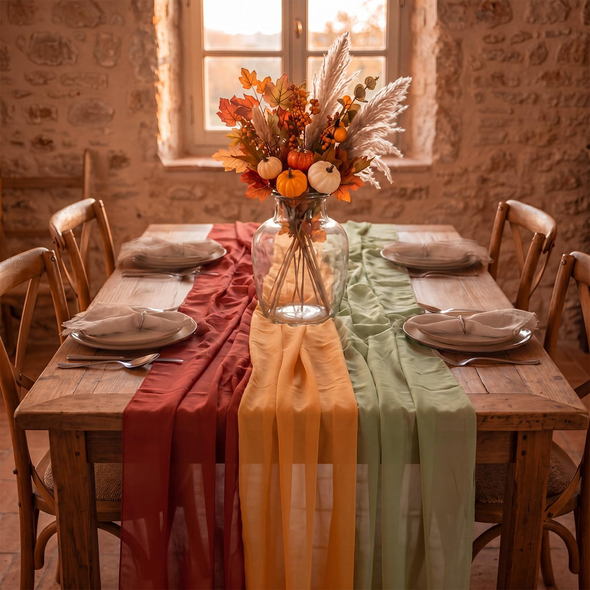 Boao Chiffon Table Runner, 12 x 118 Inches, Set of 6 in Yellow Orange and Maple Red