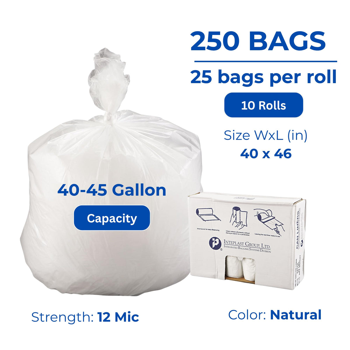 Roll Garbage Can Liner 40-45L 14 Microphone Natural by Inteplast – 1 Count (Pack of 250), 45.0 gallons, High-Density Polyethylene (HDPE), Natural, Pack of 250
