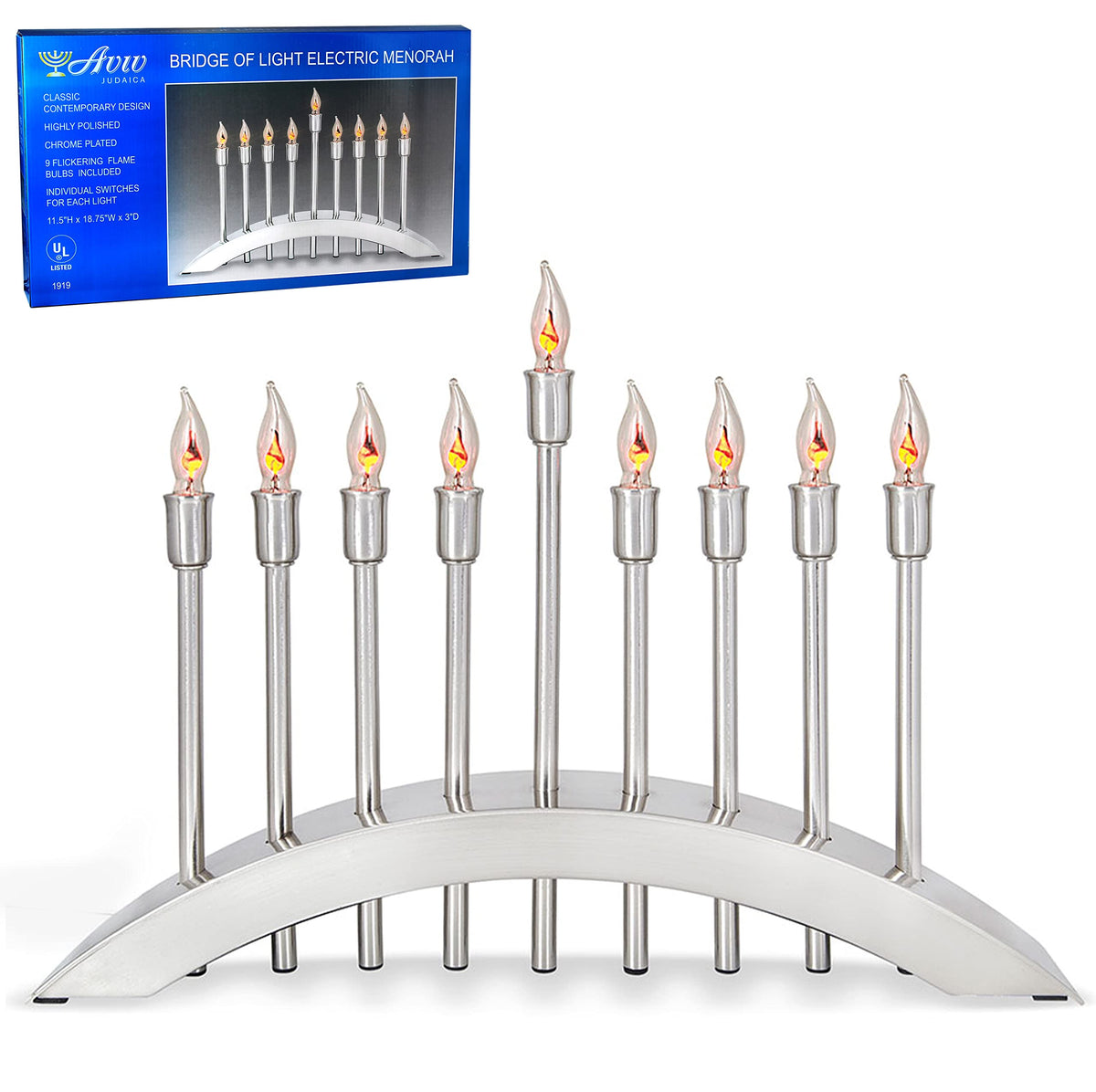 Aviv Judaica Electric Menorah, Brushed Stainless Steel, 9 Flickering Bulbs