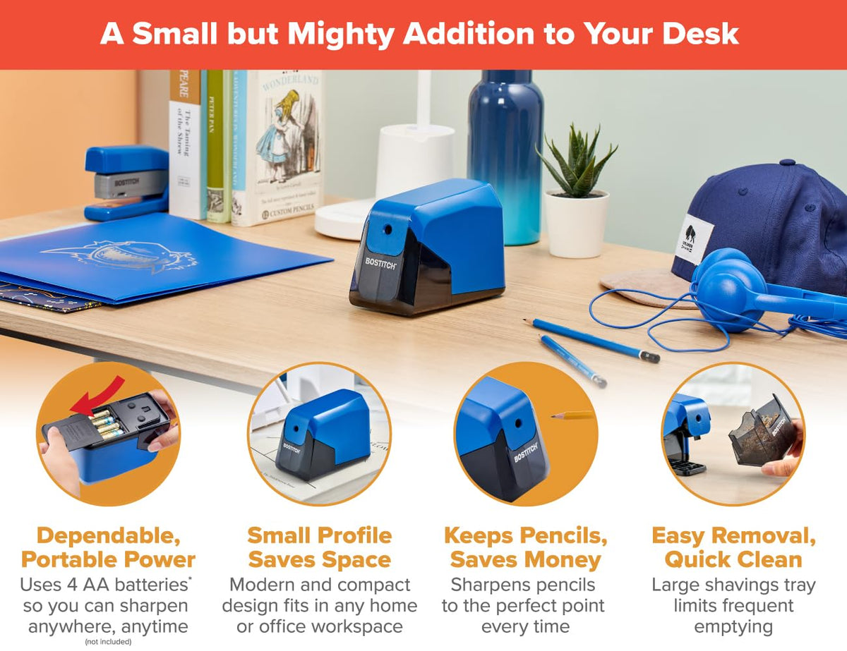 Office Battery Pencil Sharpener by Bostitch – Plastic, Blue, Model BPS4-BLUE