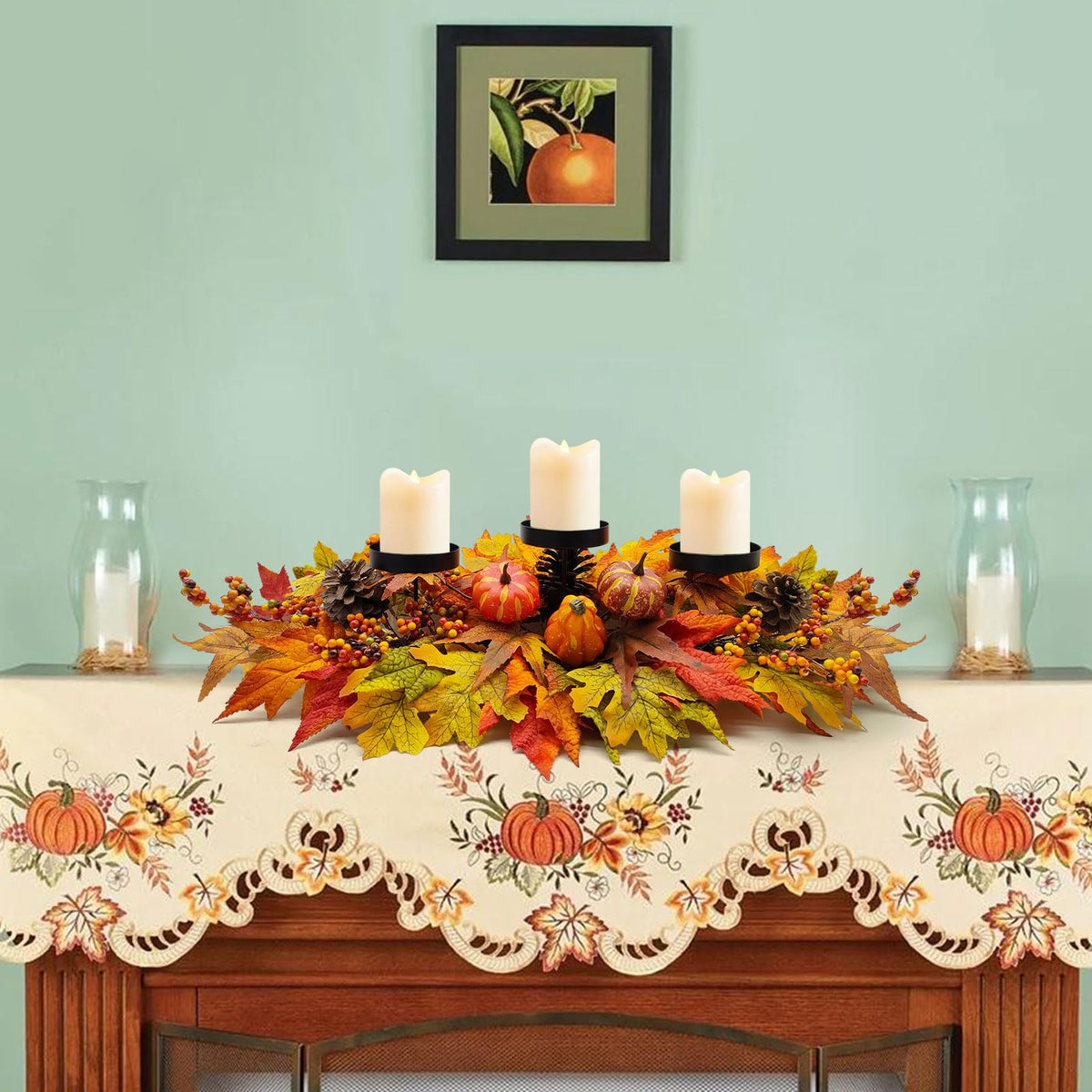 Sunnypack Harvest Candle Holder, 27.5 Inch Triple Pillar Stand, Pumpkin and Gourd Design