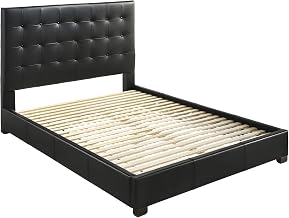 Furnifact Genuine Leather-Upholstered Eastern King Platform Bed with Tall Headboard, Leather Bed Frame for Bedroom Furniture, Black
