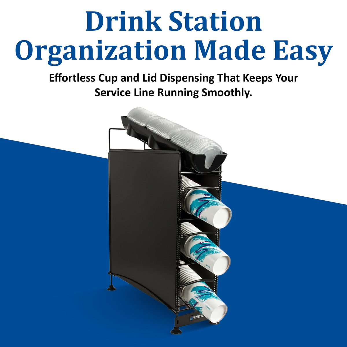 Wireworks Cup Dispenser and Lid Organizer- 4-Tier- Holds 270 Cups- Metal- Black by San Jamar – 4 Positions, 280.0 cups, Plastic, Black, Model C8504WFD