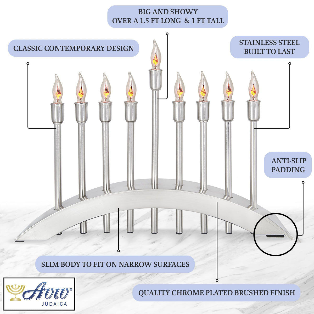 Aviv Judaica Electric Menorah, Brushed Stainless Steel, 9 Flickering Bulbs