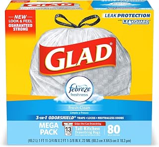 Glad Trash Bags, Tall Kitchen Drawstring Garbage Bags - OdorShield 13 Gallon Grey Trash Bag, Febreze Fresh Clean - 80 Count