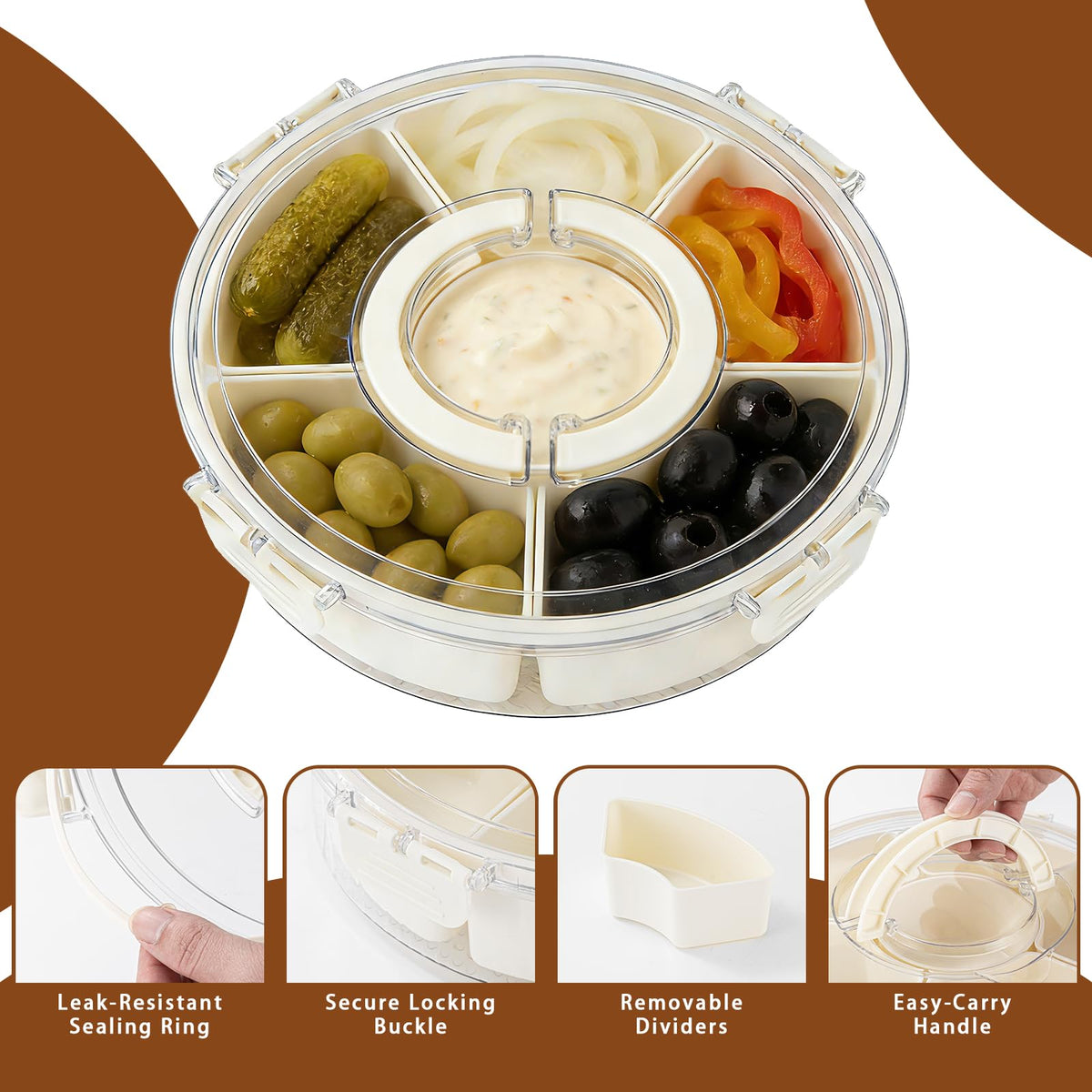 Fevbcnrj Divided Relish Tray with Lid, 10.6 Inch, White