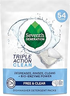 Seventh Generation Triple Action Clean Automatic Dishwasher Detergent Packs with Bio-Enzyme Power, Free & Clear, Fights 48-hour Stuck-on Food, 54 count