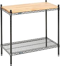 Nexel Wire Display Unit, 48" x 24" x 34", Solid Hardwood Butcher Block Top, 2 Tier Black Epoxy Powder Coat, Adjustable Shelves, 800lb Per Shelf Capacity, Leveling Feet with Glides