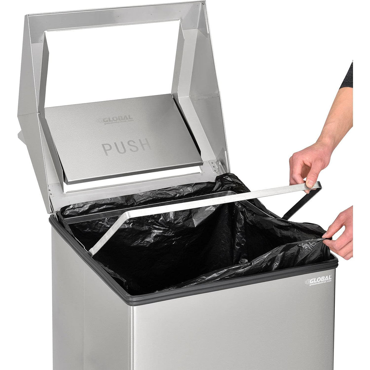 Indoor Square Trash Can with Swing Top Lid by Global Industrial – Stainless Steel, Model EK98045L-SS