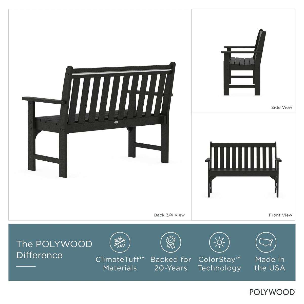 Vineyard 48" Bench by Polywood – 48", Plastic, Black, Model GNB48BL